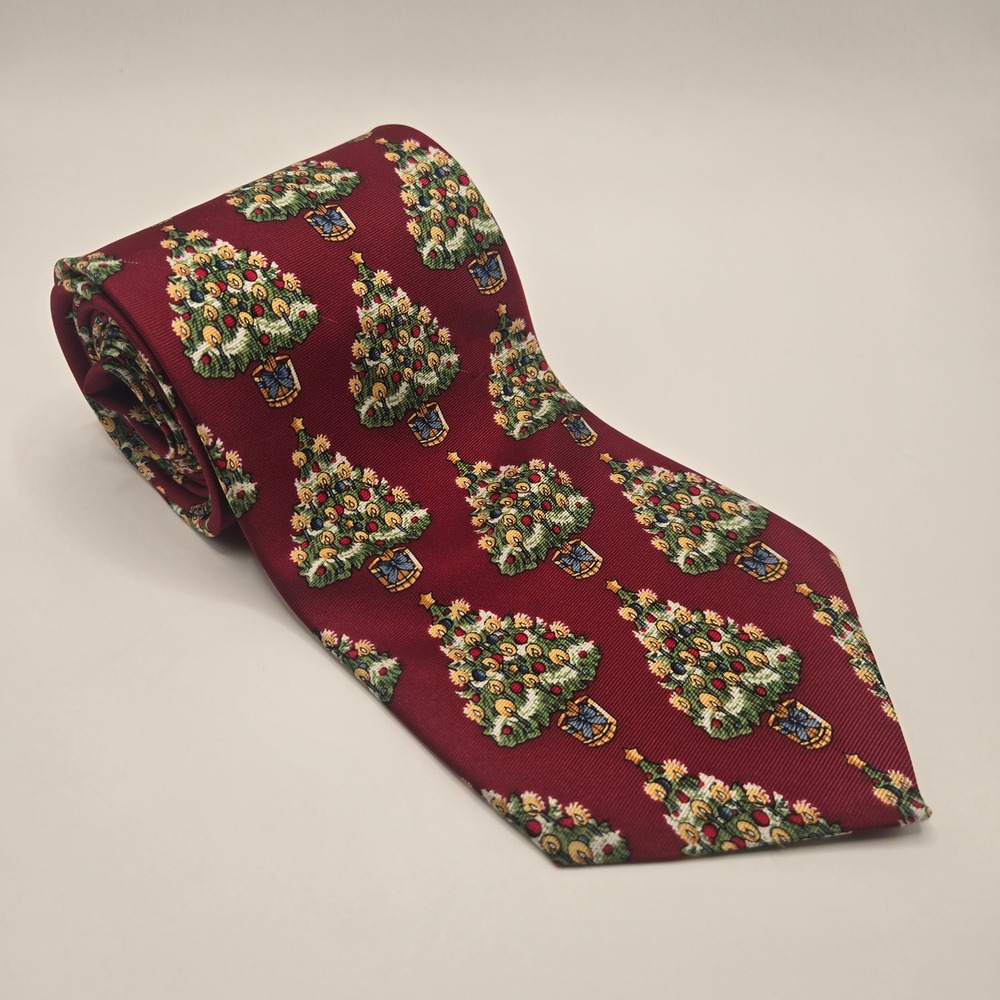 Ziometti Italian Silk Christmas Tree Tie red Holiday 100% Silk made Italy A1